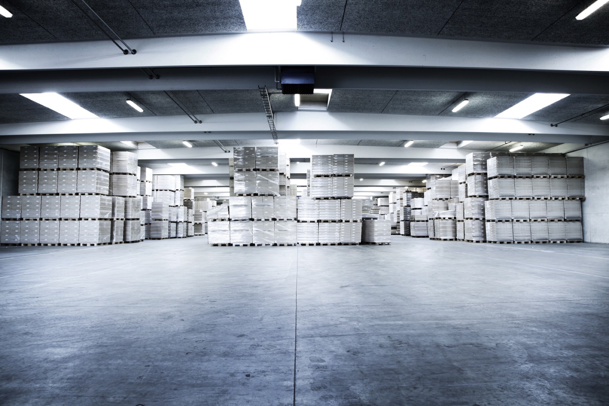 Finished-goods warehouse at a Tvilum production facility in Denmark