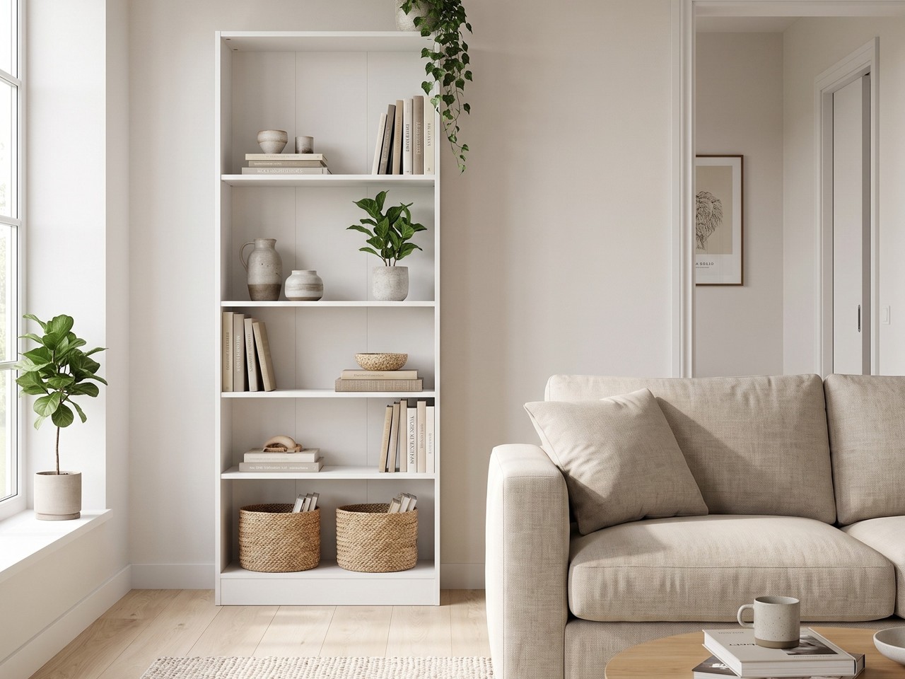 Element tall wide bookcase styled in a living room