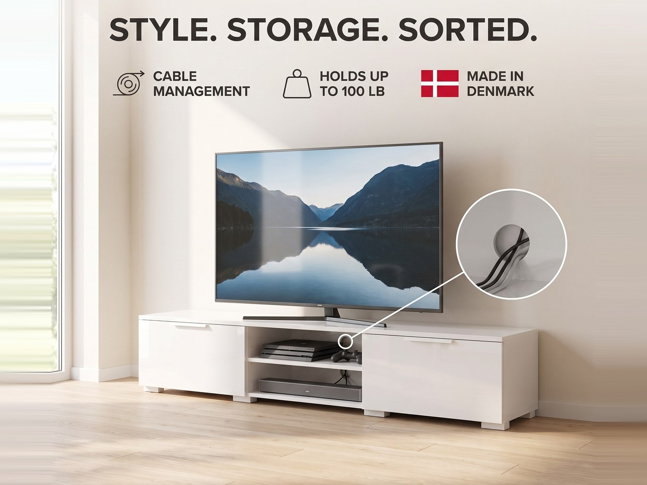 Match TV Stand marketing module with headline and cable management, load capacity and made in Denmark callouts